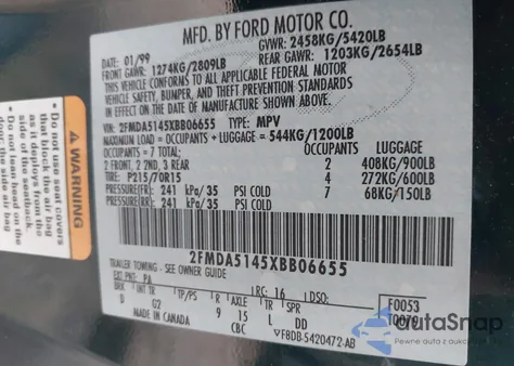 1999 Ford Windstar Lx из США, поврежденный, VIN 2FMDA5145XBB06655